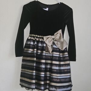 Bonnie Jean Black Velvet & Gold Stripe Holiday Dress (Size 10)